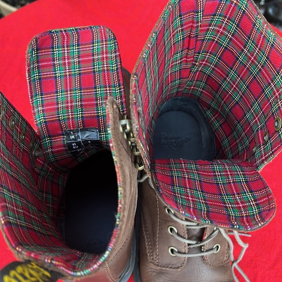 Dr. Martens Granny Style Plaid Lined Mid Calf Lace Up Heeled Brown Leather Boots - Picture 12 of 17
